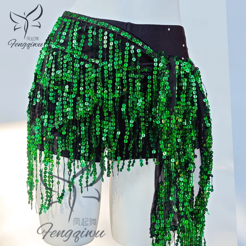 Enlarged four-layer belly dance sequin tassel square drum jazz dance butt curtain hip scarf strap skirt practice waist chain view 4