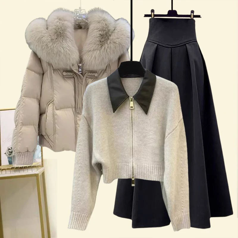 

Sli Winter Women's Cotton Jaet Coat with Fur Collar High Waist Slimming Skirt Tee Piece Set Casual Faion
