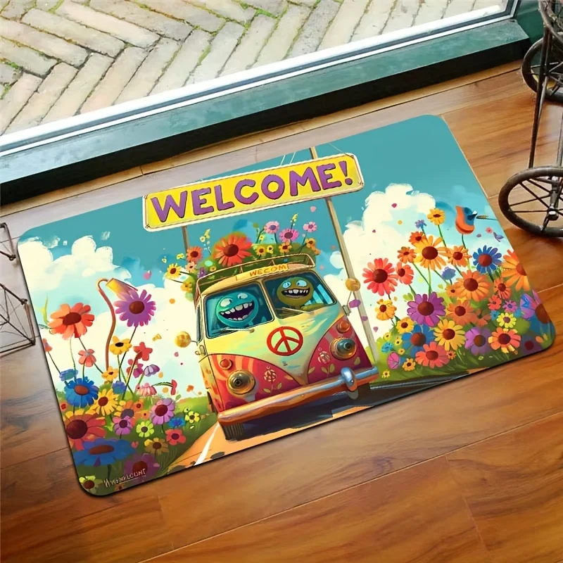 Charming Welcome Cartoon Bus Non-Slip Floor Mat Washable Decorative Area Rug for Kitchen Bathroom Living Room Bedroom Entrance