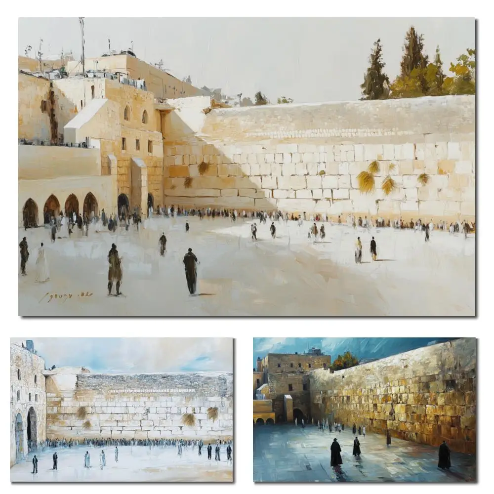 

Jerusalem Landscape Oil Painting Handmade Jewish Night Western Wall Art Textured Judaica Canvas Artwork Modern Home Decor Large