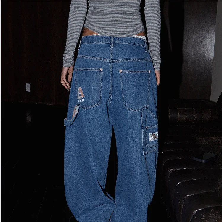 

High Waist Wide Leg Denim Jeans Women's Blue Casual Style Embroidered Letter Patchwork Spring 2026 Chic Vintage Trousers