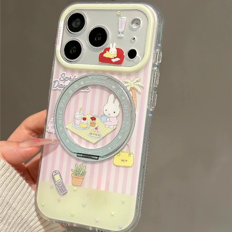 Miffy Kawaii Anime Cartoon Mobile Phone Case Stripes Water The Flowers Bracket For Apple IPhone17/16/15 Double Layer Anti-fall