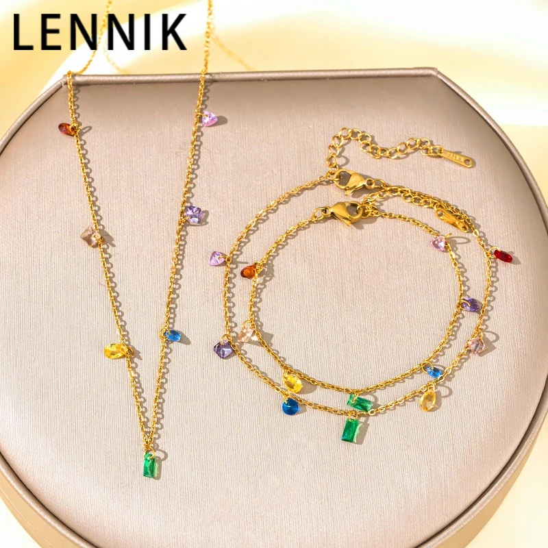 LENNIK Bunte Sommernachtstraum-Edelstahl-Halskette für Damen, modisch, minimalistisches Armband, Fußkette, dreiteiliges Set