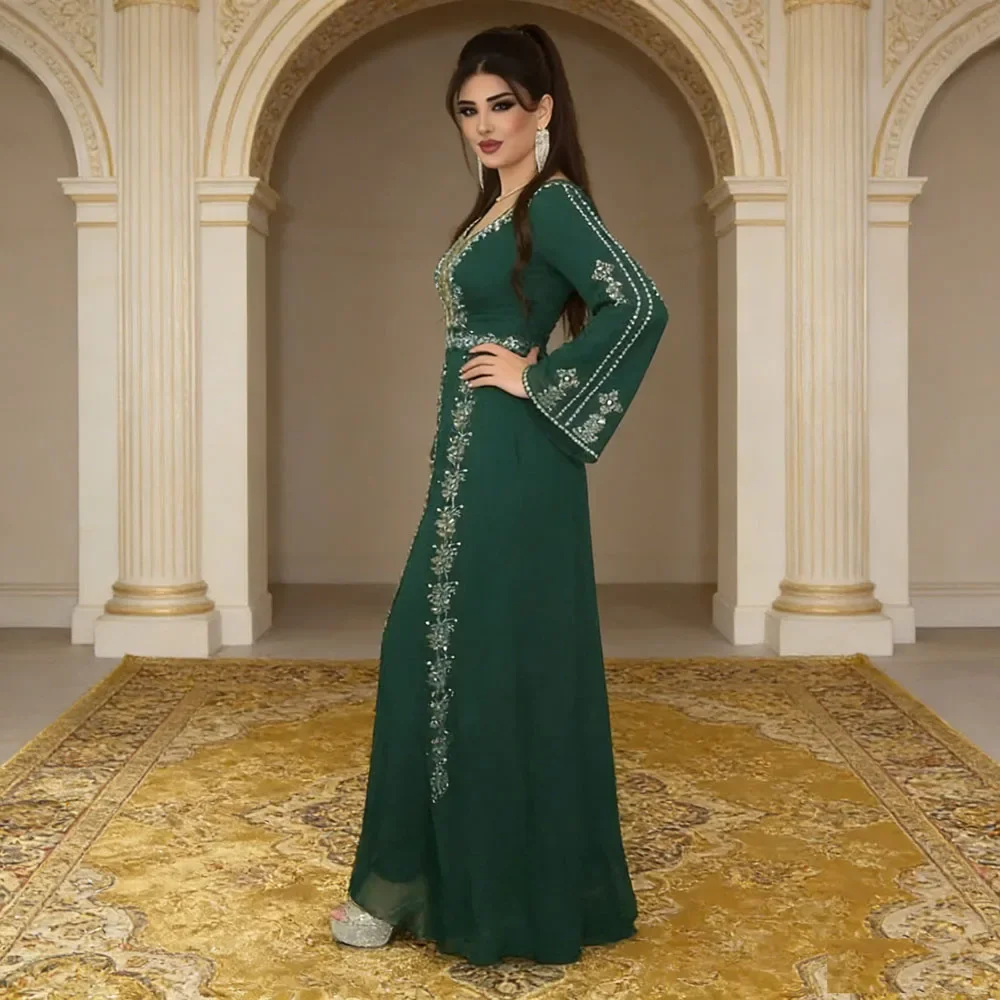 

Muslim Belted Dress Diamonds Abaya Long Sleeve Dress Dubai Women Kaftan Evening Party Dresses Robe Turkey Jalabiya Caftan Gown