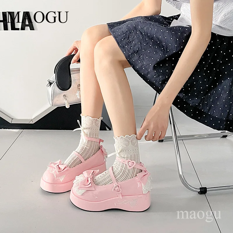 Women's Sweet Lolita Platform Mary Janes Lace Bow Buckle Chunky Sole Pumps Kawaii Dress Shoes for Cosplay Girls Туфли Мэри Джейн - view 4