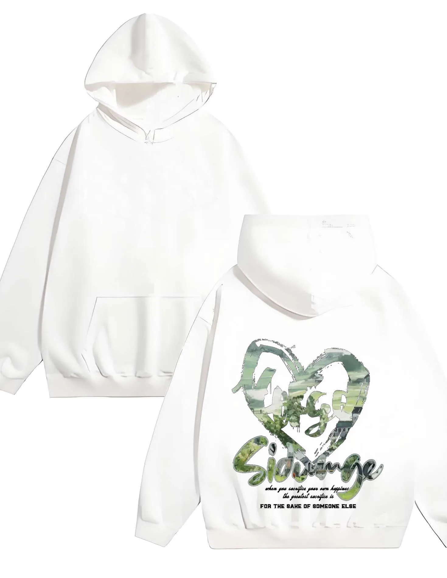 تصميم على شكل قلب، نمط طباعة المناظر الطبيعية، هوديي فضفاض غير رسمي متعدد الاستخدامات، بلوفر مريح من القطن