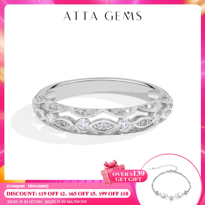

ATTAGEMS Vintage Moissanite Diamond Ring for Women Full D VVS1 Color Hollow Band S925 Sterling Silver Stackable Wedding Gift New