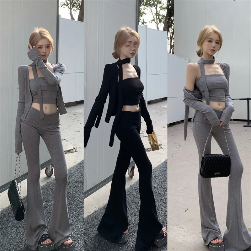 

Sexy Knitted Open Cardigan Tee-Piece Set Strapl Long Pants Slimming Micro Flared Legs Trendy Top Quali Women's Ensemble