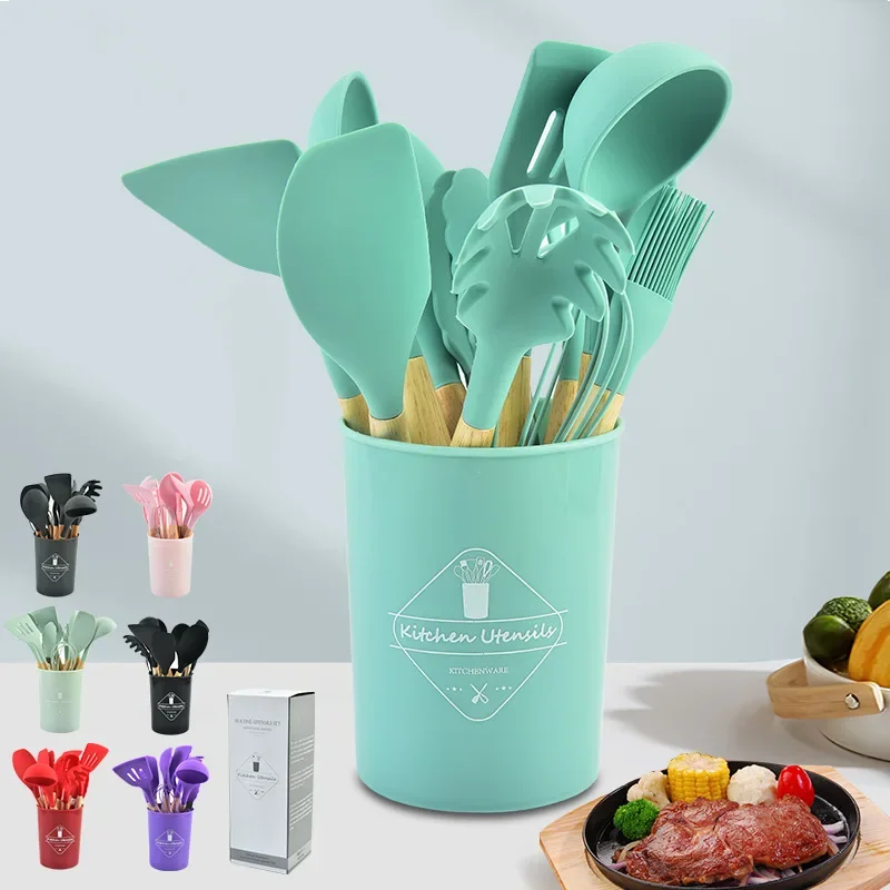 12pcs Food Rrade Silicone Kitchen Utensils, Rotating Spatula, Measuring Spoon, Practical Kitchen Tools, Kitchen Utensil Set