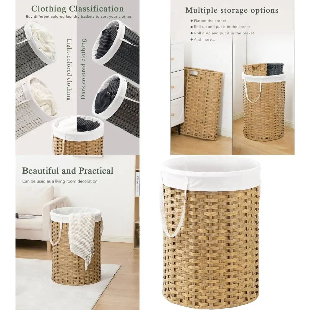 

Плетеная корзина для белья из ротанга, 29,1 галлонов, с ручками, съемными мешками и 2 сетчатыми мешками для домашнего хранения