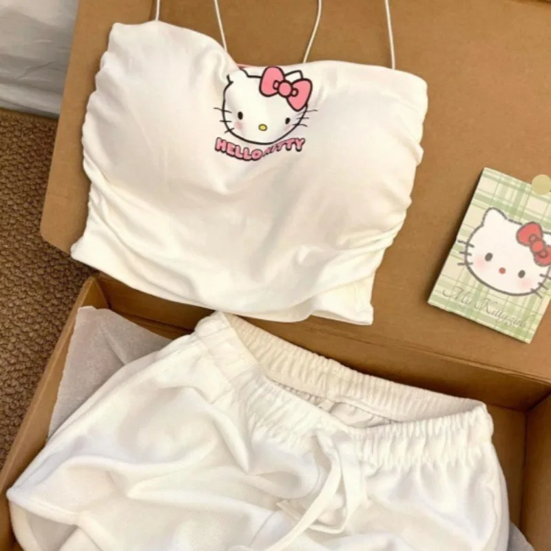 Sanrio Hello Kitty Pajama Set with Chest Pads and Suspenders Cool New Slim Fit Shorts Loungewear Bedroom Family Holiday Gifts