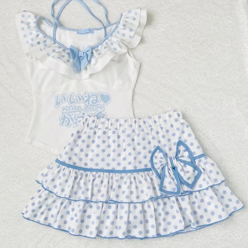 

Bow Y2K Dot Cake Skirt Top&Tees Set Girl Japan Subculture Water Wave Dot Lace Strap Butterfly Knot A-line Dresses Tee Top Set