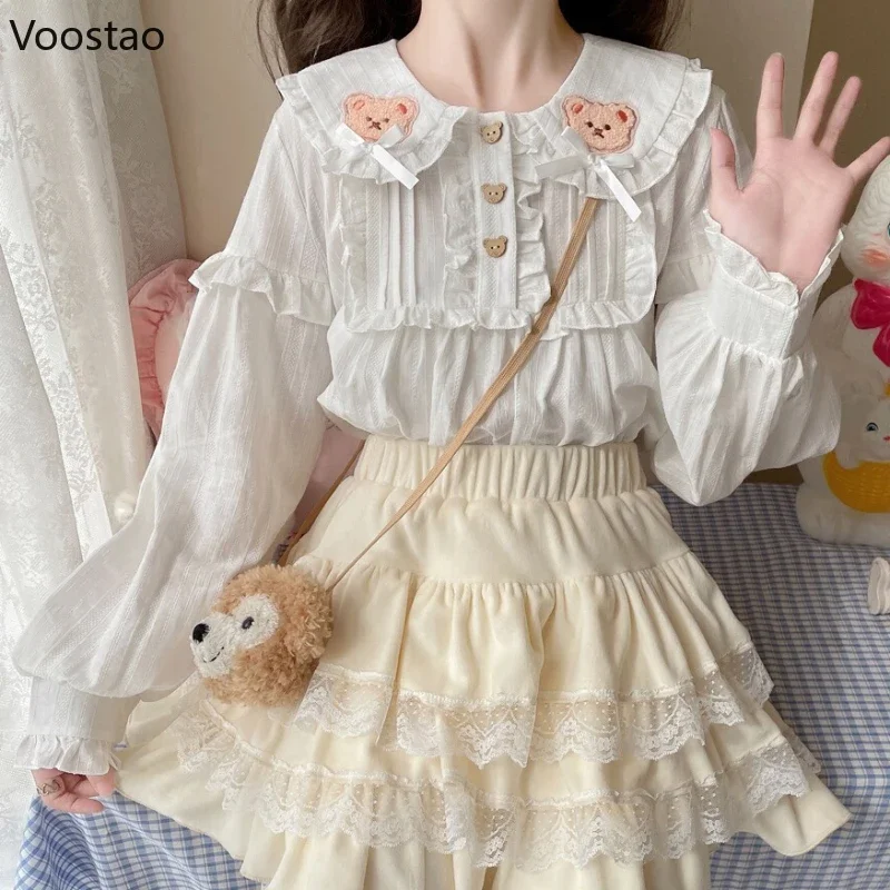 Lolita Blouse Japanese Women Sweet Little Bear Embroidery Peter Pan Collar Long Bunny Ears Cotton Shirt Sweet Cute Blusas Mujer