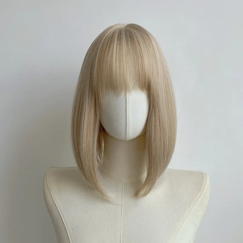 Korean-style, best-selling air bangs, short, straight hair, breathable rose net, matte silk wig, full headpiece for women
