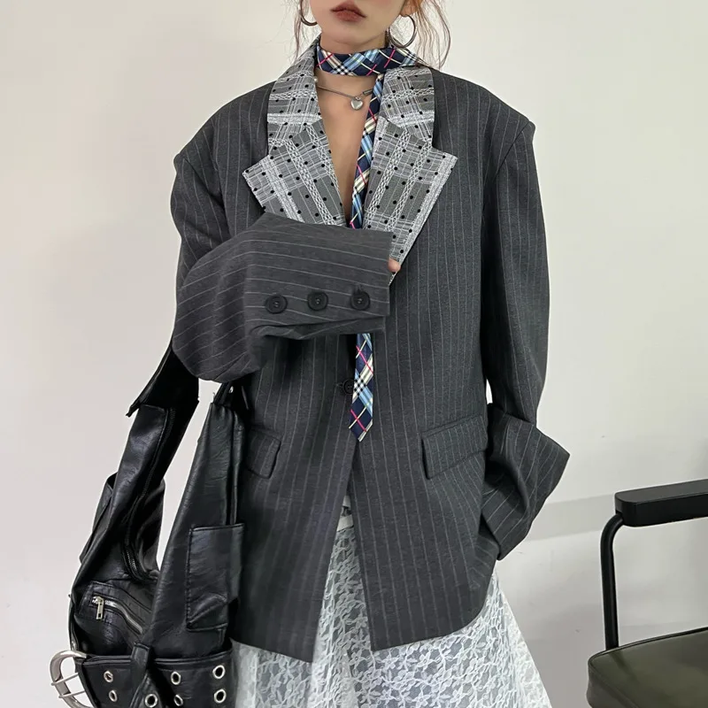 HKSH Primavera Autunno Nuovo Blazer da donna a righe Color Block Colletto rovesciato Tasche con bottone singolo Giacca elegante di fascia alta HK13900