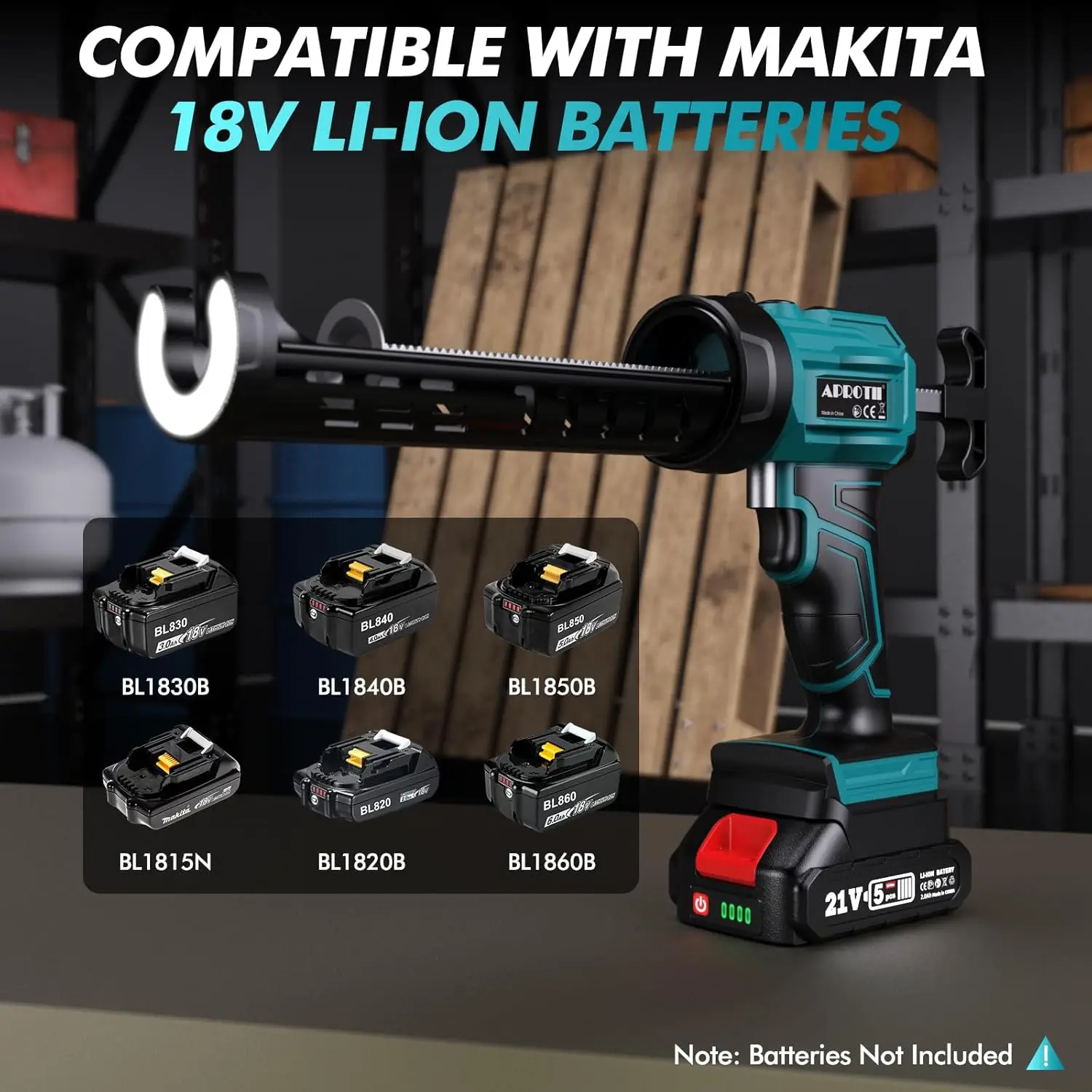 Cordless Caulking Gun Compatible with Makita Battery, Electric Caulk Gun w/ 4 Adjustable Speeds, LED Light, Drip-Free Adhesive