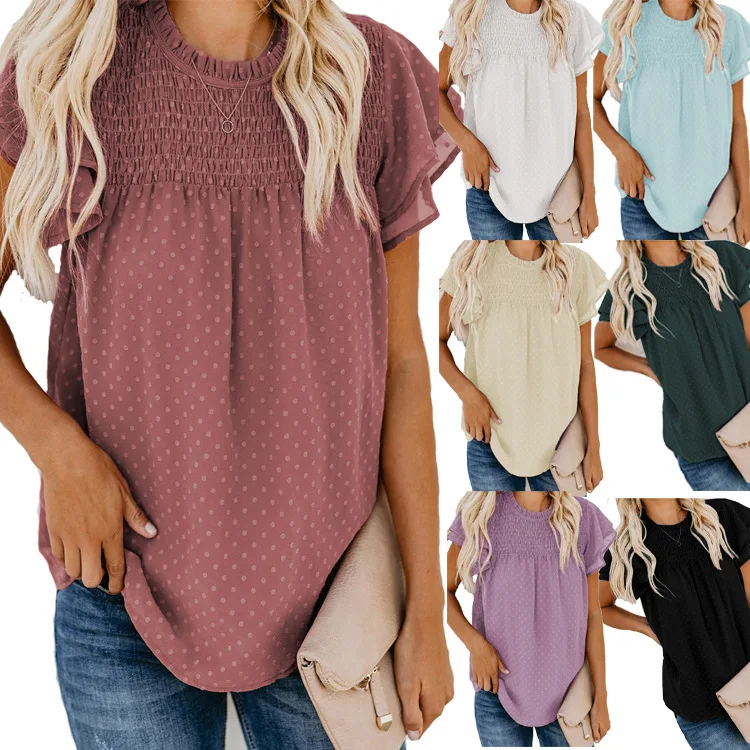 2024 Women's T-shirt Solid Color Jacquard Chiffon Shirt Women's Top Loose Round Neck Pullover Short Sleeved T-shirt For Women