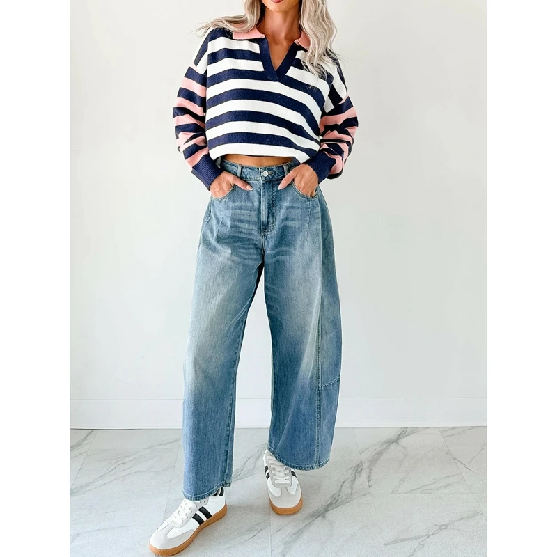 

Combhasaki женский полосатый свитер контрастного цвета, свободный крой, воротник с лацканами, пуловер с v-образным вырезом и длинными рукавами, трикотаж, топ, повседневные джемперы