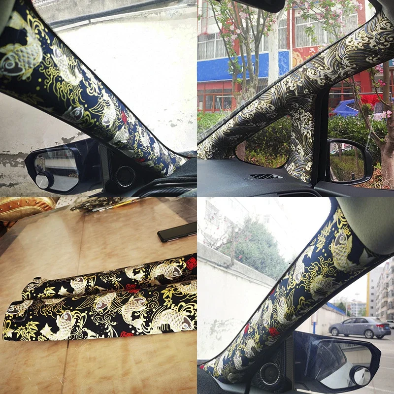 Self-Adhesive Black Koi Fish Car Interior Sticker High Grade Wear-Resistant Car Dashboard Door Panel Ceiling Decoration Fabric
