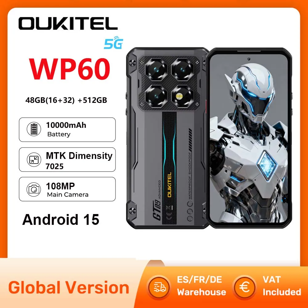 OUKITEL WP60 Rugged Phone MTK Dimensity 7025 Call Phone 48GB(16+32) +512GB 7.2” HD+ Display 120Hz 10000mAh Smartphone 5G Android 15 NFC