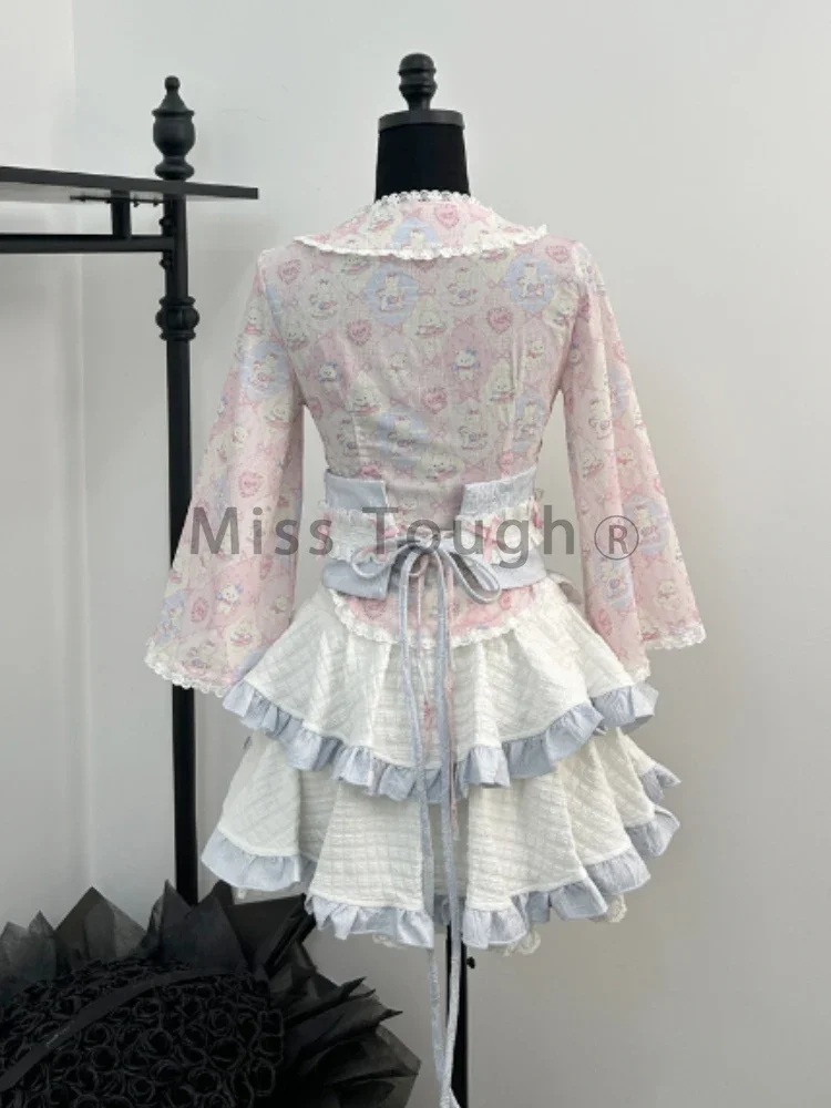 Japanese Sweet Loose V Neck 2 Piece Set Women Autumn Chic Print Long Sleeve Bow Top Female + High Waist Thin Ruffle Short Skirt