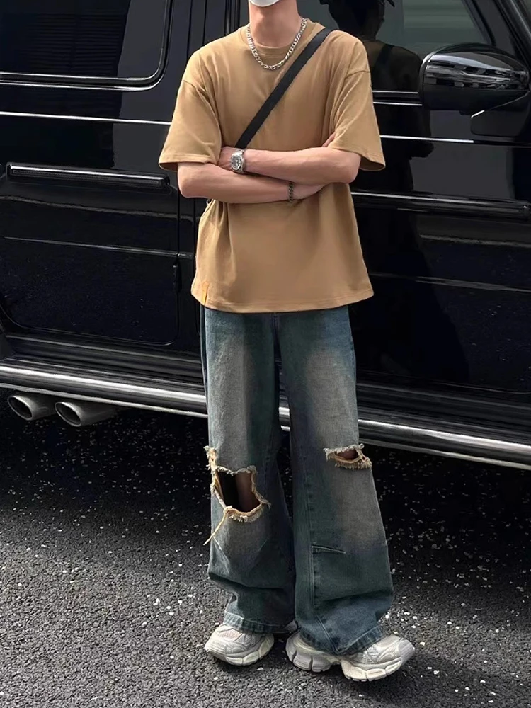 

Мужские летние тонкие повседневные широкие джинсы с талией в стиле ретро, свободные прямые свободные длинные брюки в американском стиле High Street Sle