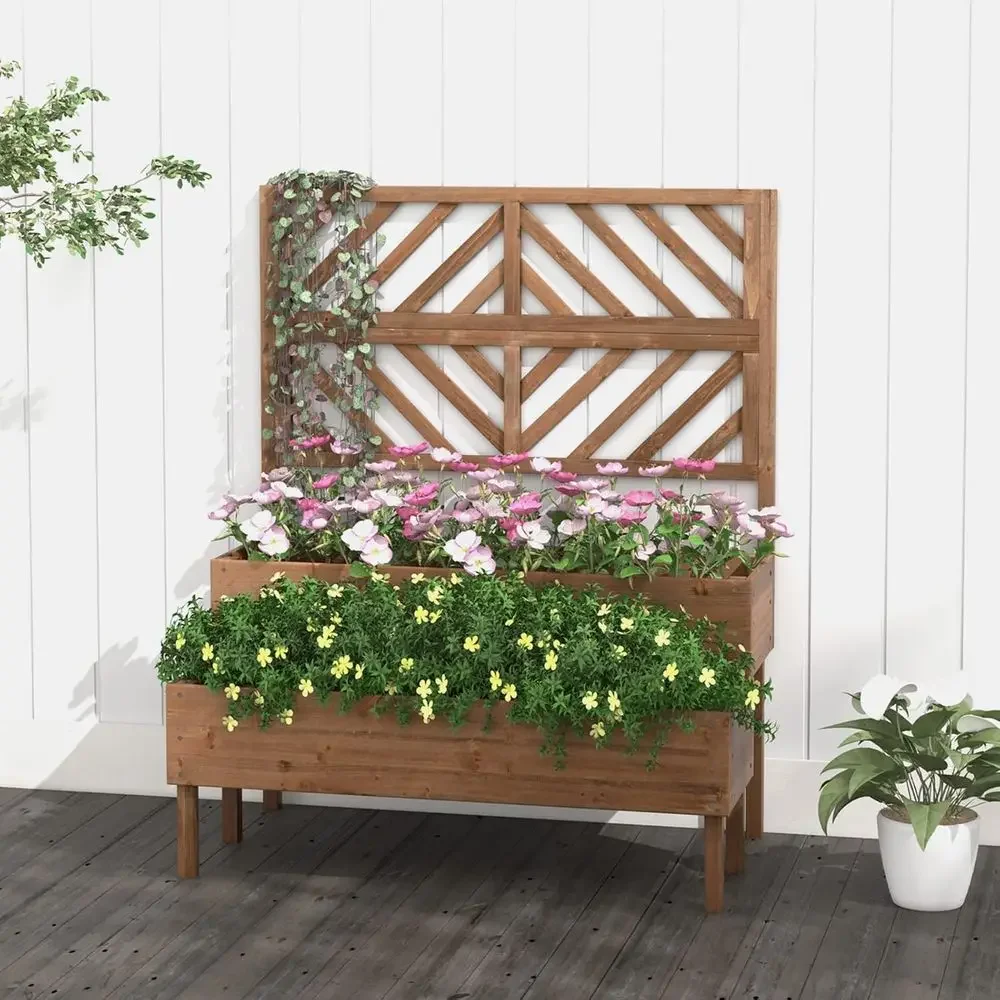 2-Tier Wooden Elevated Garden Bed with Legs, Drainage, and Trellis for Vegetables and Herbs (Brown)