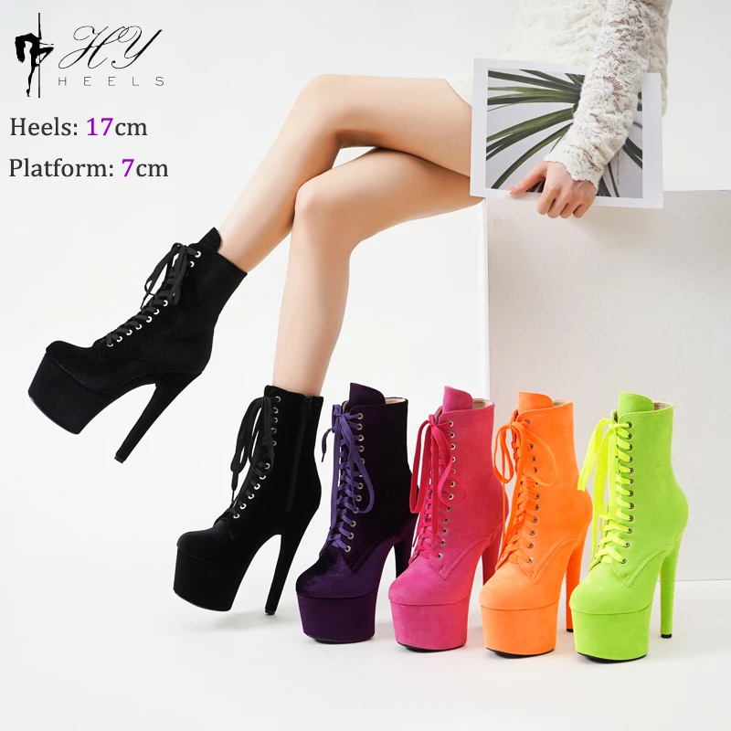 17cm Pole Dance scarpe modelli passerella Faux Suede Heels Stripper Platform donna stivaletti alla caviglia Lace-up Zip Roman Lady Knight Boot