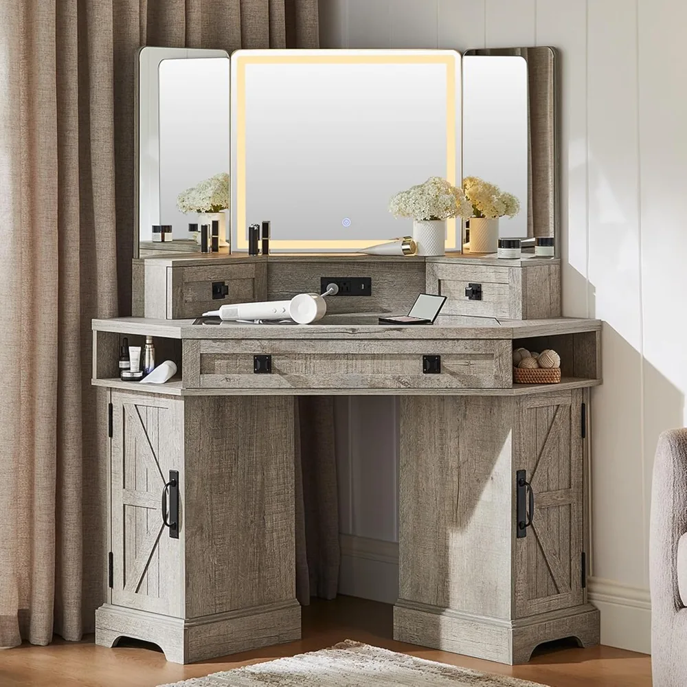 

Corner Vanity Desk with Mirror and Lights, Makeup Desk with 3 Way Mirror and Lights, Farmhouse Vanity Table with Chargin