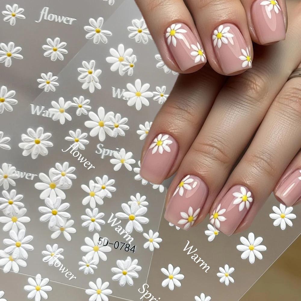 2 Piezas de Adhesivos Decorativos para Uñas con Diseño de Margaritas Blancas 5D, Adhesivos Exquisitos con Flores Amarillas, Adhesivos para Uñas DIY de Primavera/Verano