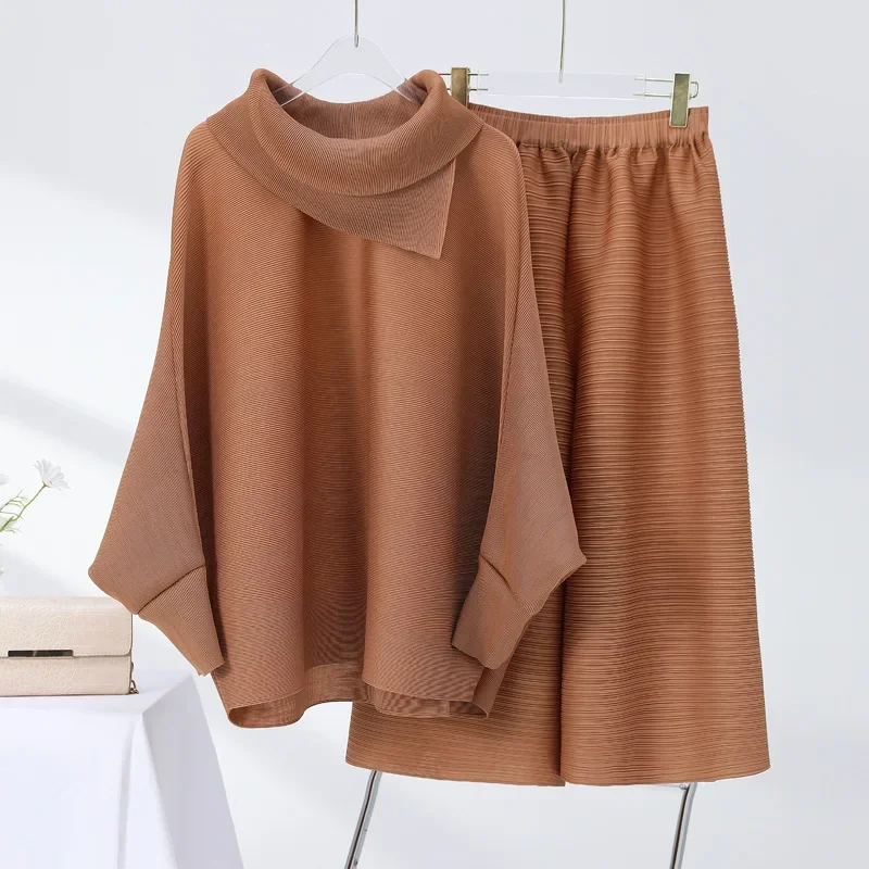 ALSEY Miyake Pleated Suit Set for Women Spring New Solid Color Lapel Top Fold Wide Leg Pants Two-piece Set Loose Casual Sets