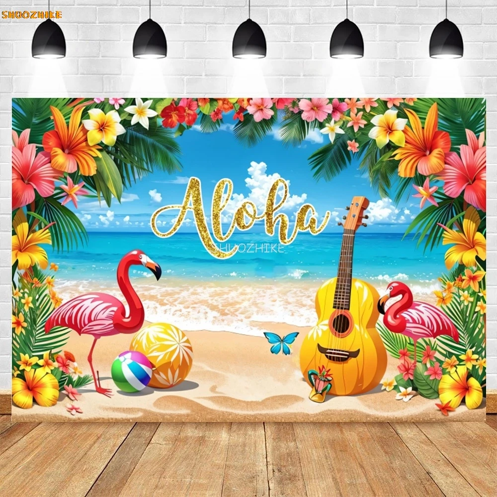 Verão havaí pano de fundo praia tropical prancha havaiana oceano beira-mar palmeira luau aloha festa de férias fotografia fundo