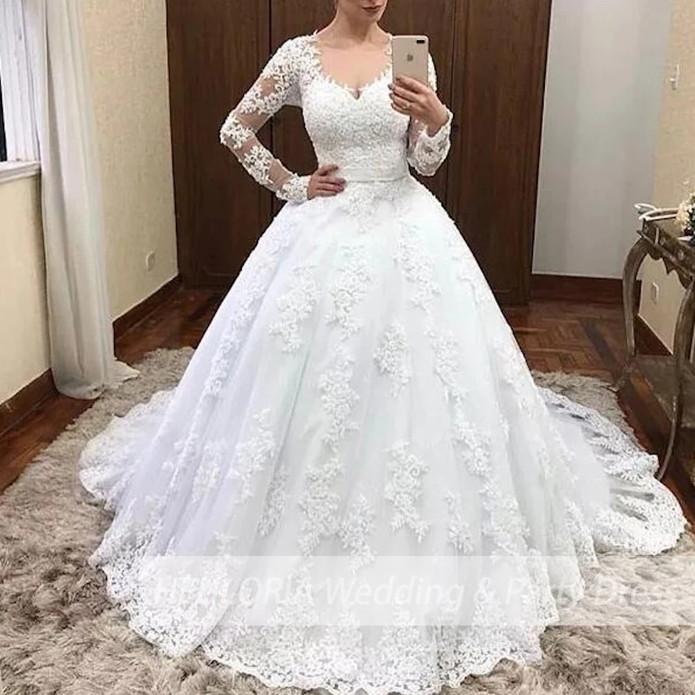 Vestido de fiesta de princesa para novia, vestido de novia de manga larga con cuello en V, talla grande, de encaje, con cuentas