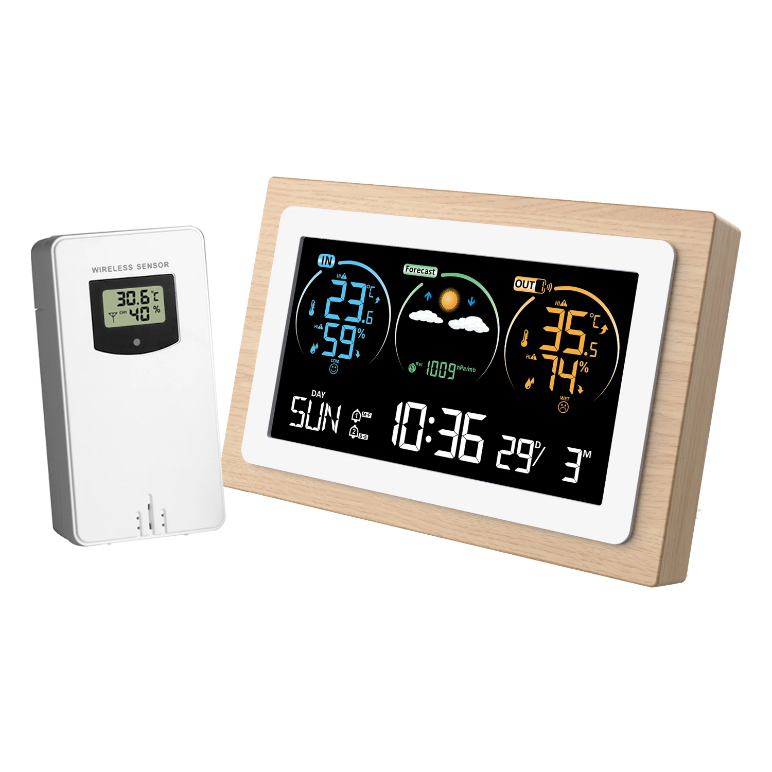 Digital Alarm Clock Weather Station Air Pressure Forecast Indoor Outdoor Thermometer Hygrometer Wireless Multifunction VA Clock