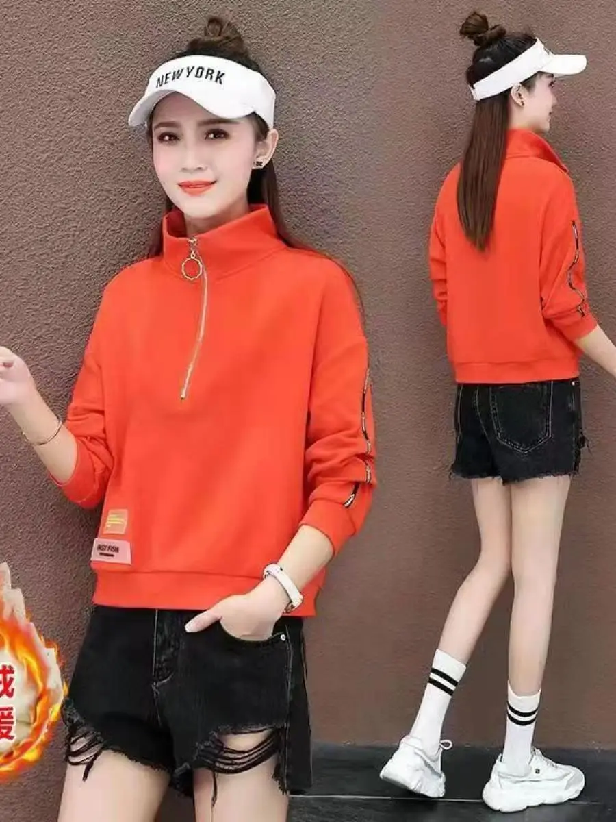 多用途ショートパーカー女性用スポーツウェアフリース裏地付き厚みのあるスタンドカラー秋冬ファッショナブルなトップスハンカチ