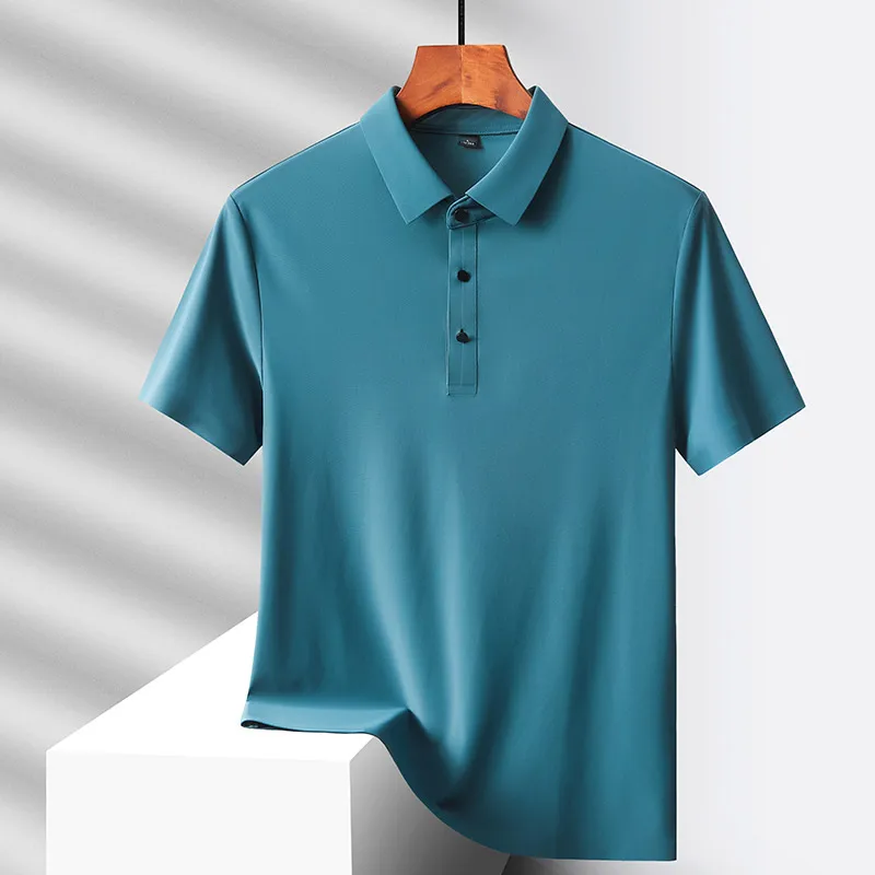 Polo suelto de seda de hielo de secado rápido para hombres de mediana edad, botón de solapa sólido, Top de manga corta Delgado informal Simple y