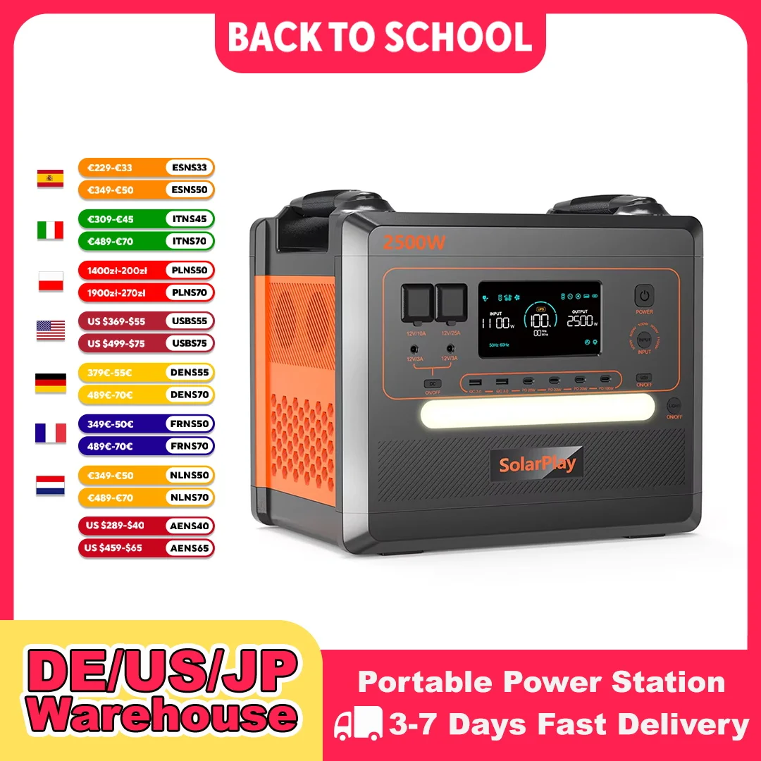 SOLARPLAY 2500 W tragbares Kraftwerk, 2304 Wh Solargenerator, Notstromstation für Zuhause, Camping, Batterie-Backup im Freien