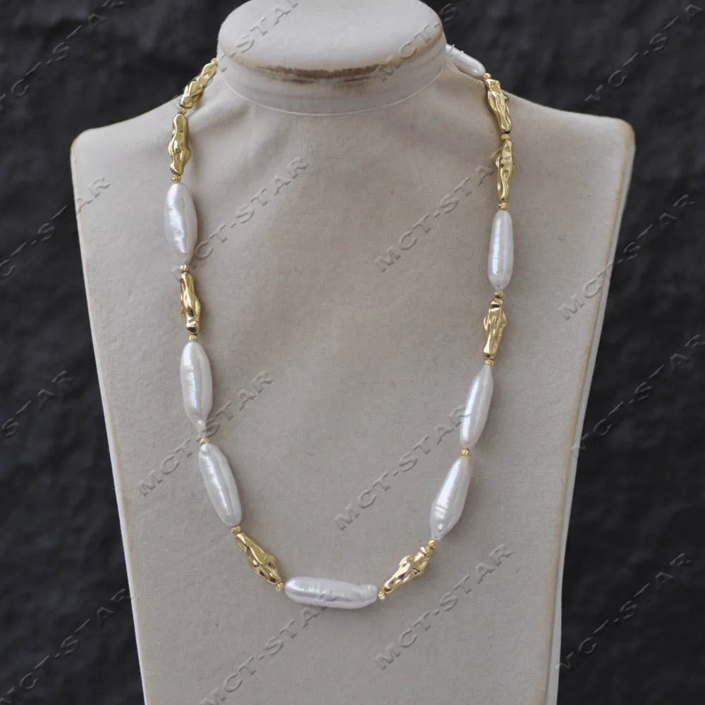 

MTC·STAR Настоящее 17-дюймовое 30-миллиметровое белое цилиндрическое ожерелье из пресноводного жемчуга и золотых бусин (Z14259)