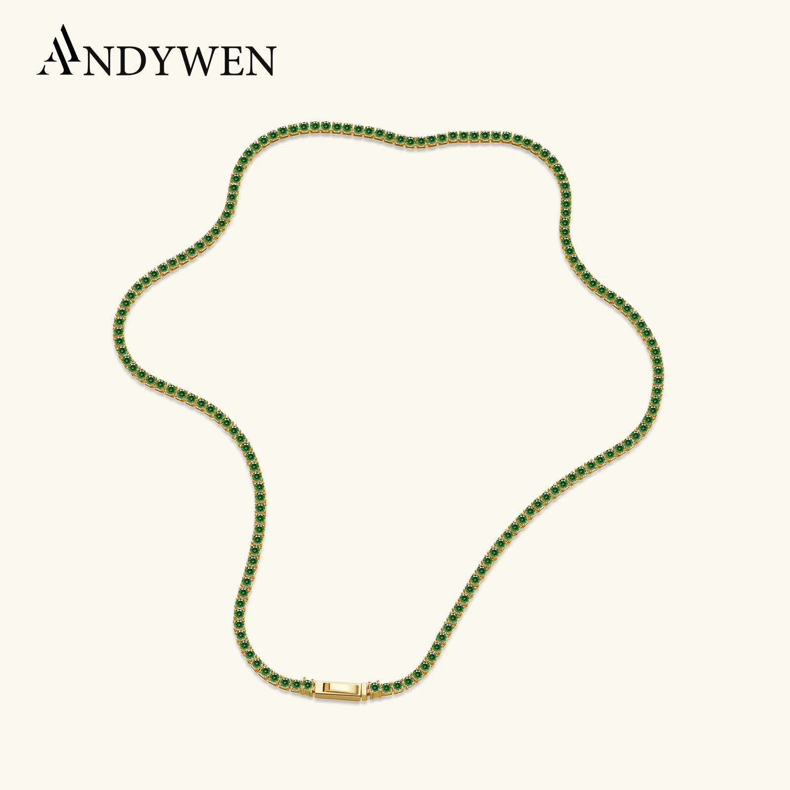 

ANDYWEN Стерлингового Серебра 925 пробы Золото 2 мм Прозрачный Белый Теннис Зеленый Цепочка Колье Ожерелье Женщины Роскошные Изящные Свадебные Рождественские Klejnot