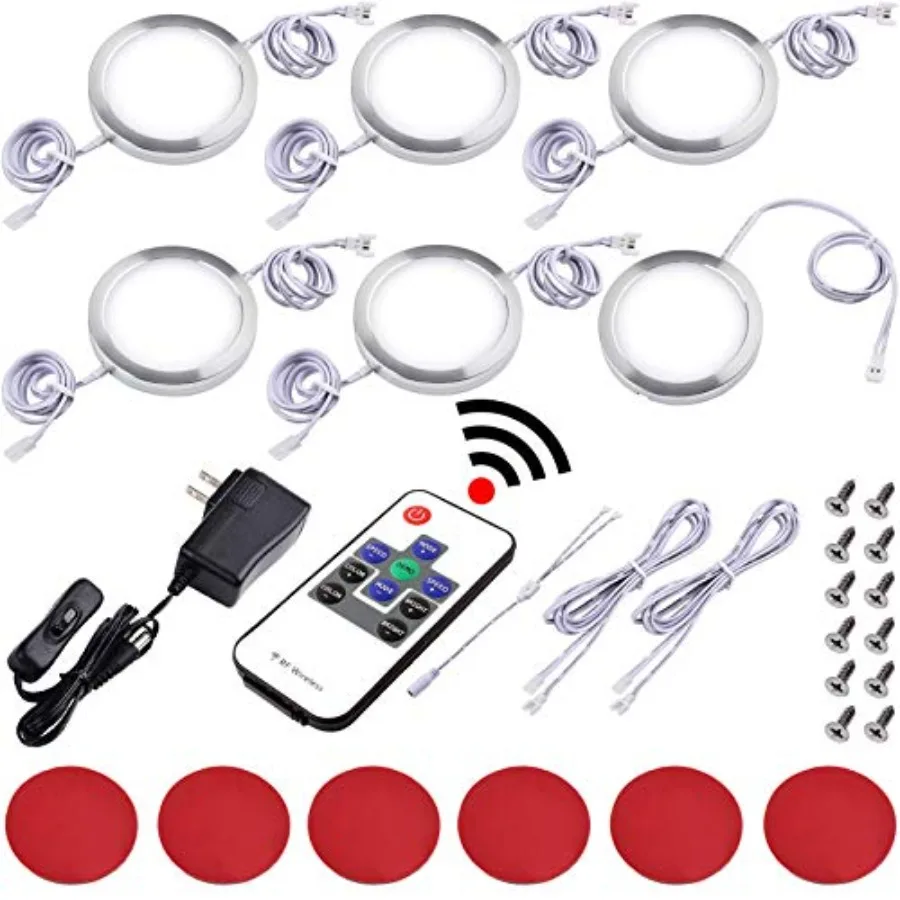

Under Cabinet Puck Lights, Wireless RF Dimmable LED Controller, 120V Wall Plug Power Adapter, 6 Lights and 3 Lights, Daylight