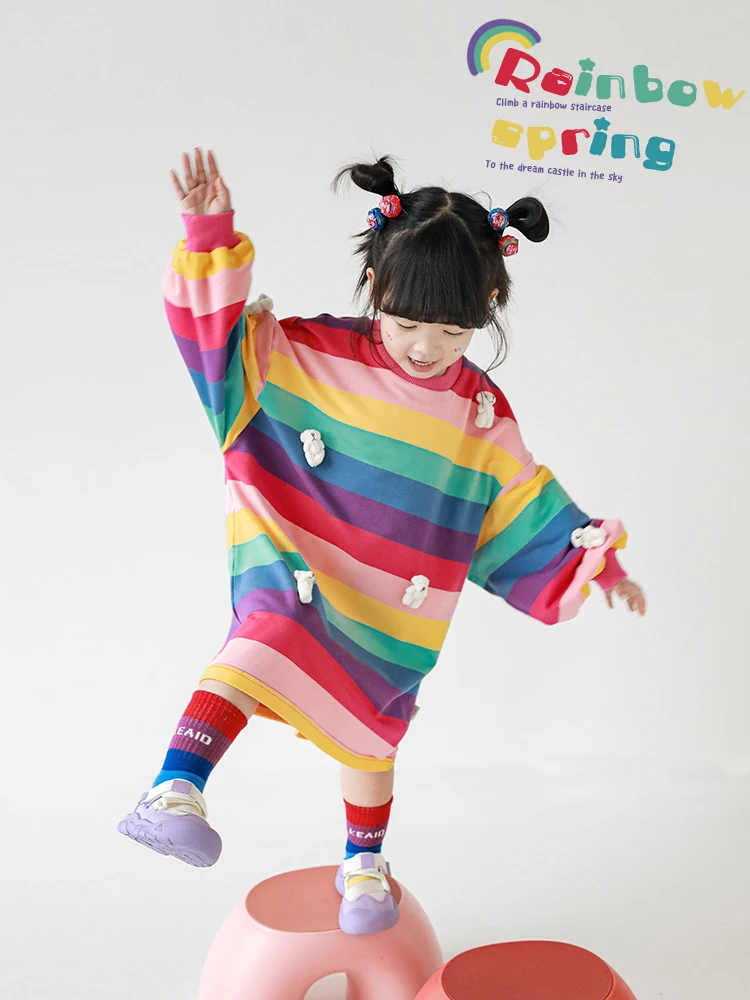 Girls' Mid Length Sweatshirt Cute Cartoon Rainbow Stripe Top Baby's Spring New Loose Pullover