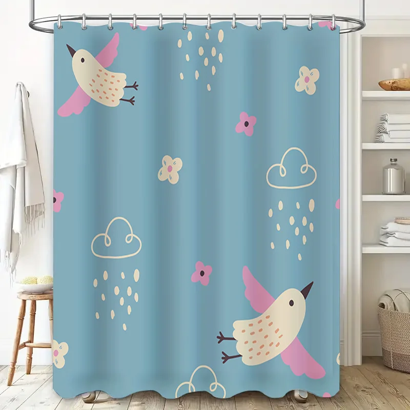 Blue Cloud Flower Print Shower Curtain for Bathroom Decor Pink Birds Raindrops Pattern Waterproof Fabric Home Decoration