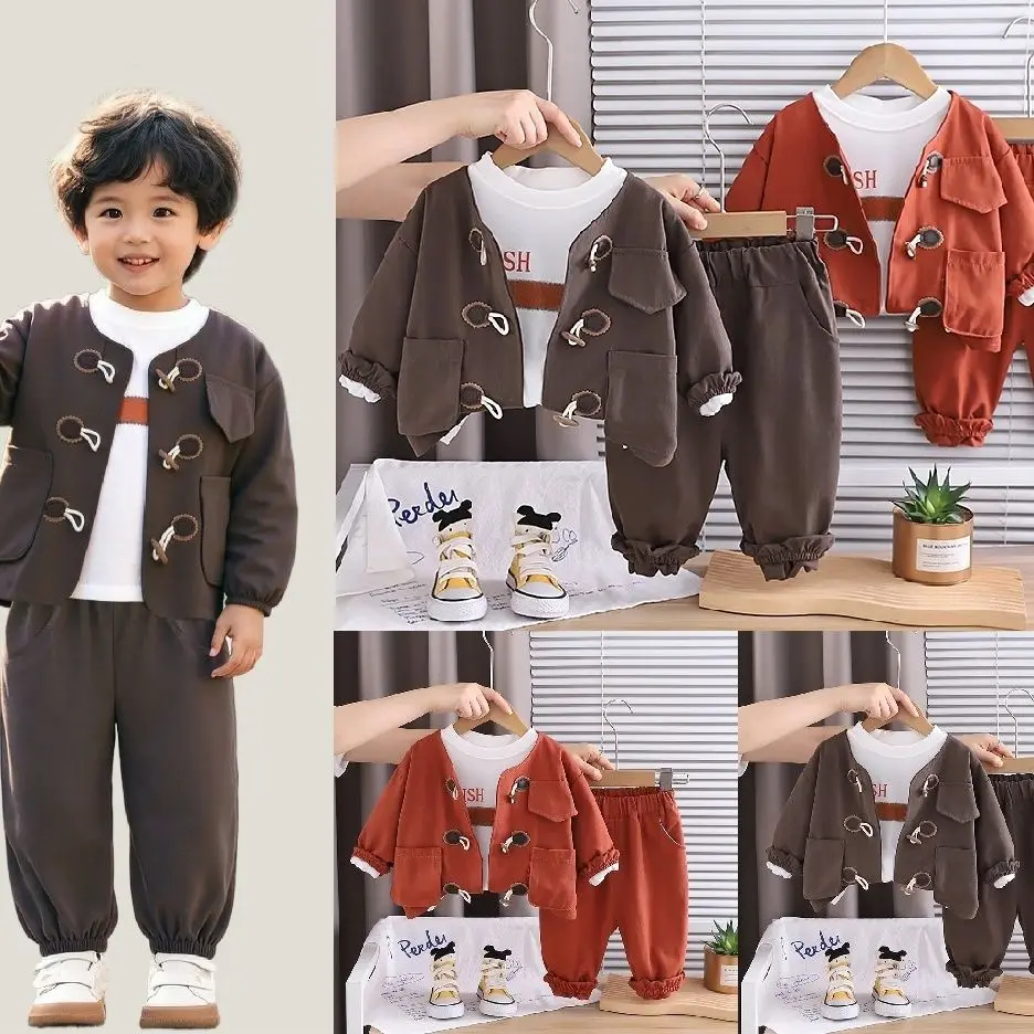 

Autumn Spring Fashion Baby Boys Kids Sheep hor Jacket Coat+ TShirt+Loose Pants Children Casual 3Pcs Handsome Suits Sets Clothing