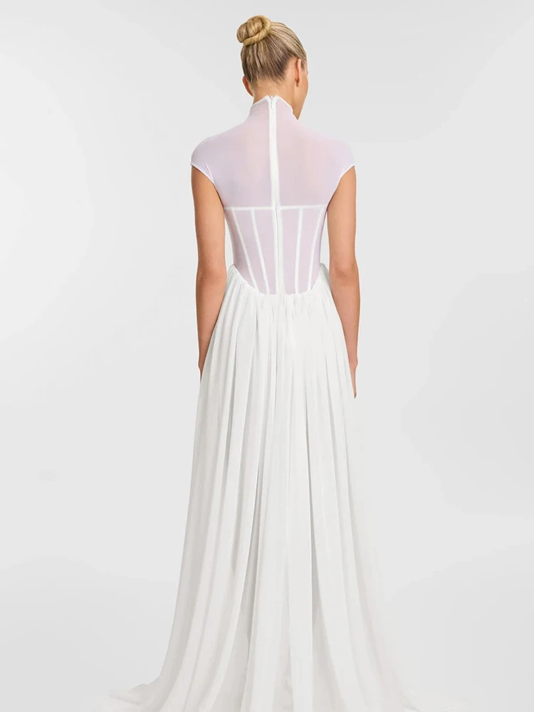VC romantique éthéré col haut inspiré de la mariée robe longue blanche transparente pour robe de soirée de mariage