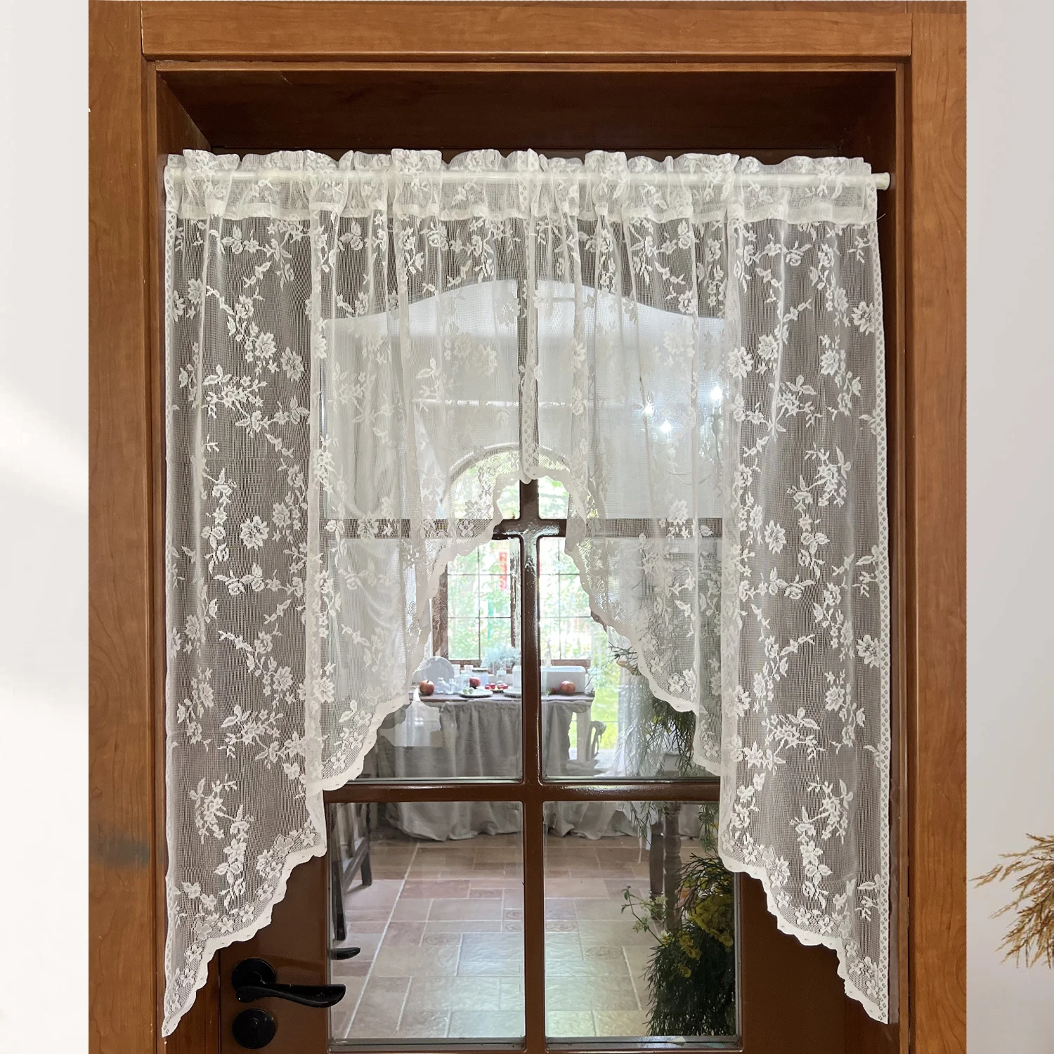 Country Vintage Half Curtain with Wave Lace Triangle Sheer Curtains, White Jacquard Flower Tulle For Room Entrance Door,Kitchen