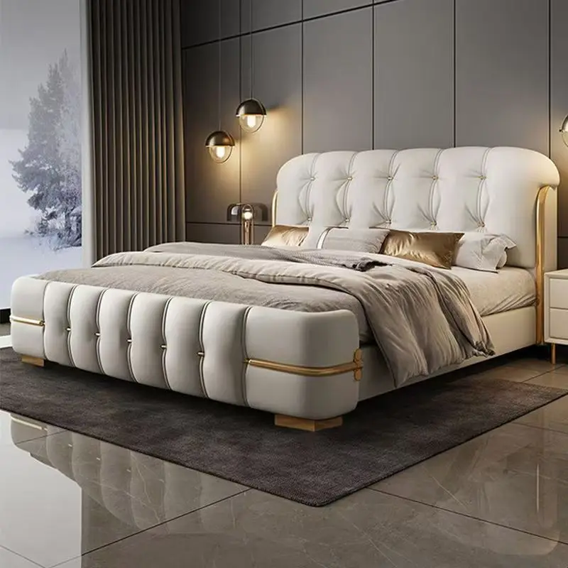 # Juego de Muebles de Dormitorio de Lujo Italiano Moderno, Cama King Size con Cabecera Grande, Capa Superior de Cuero Genuino, Juego de Cama Suave con Almacenamiento