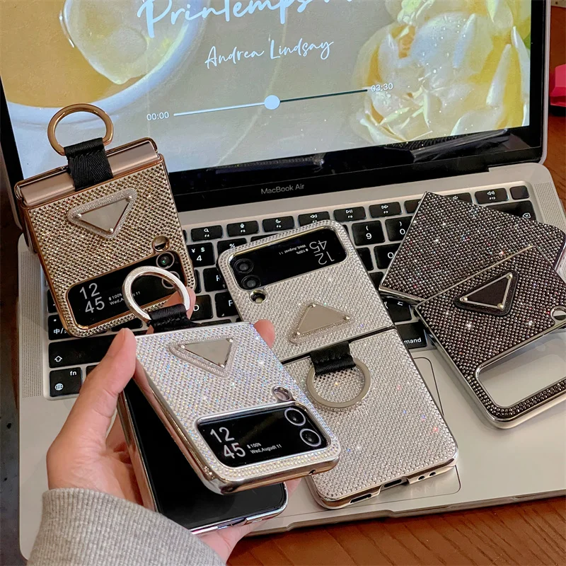 Luxury Bling Glitter Plating Phone Case For Samsung Galaxy Z Flip 4 3 Z Flip3 Flip4 5G Cover with Ring Cute Protective Cases