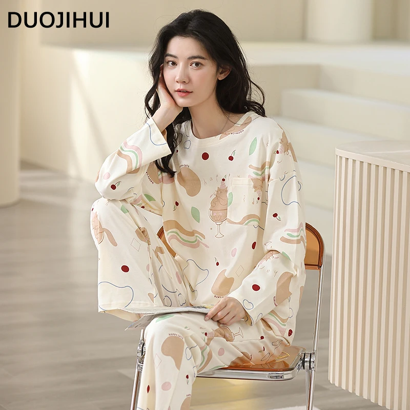 DUOJIHUI Autumn Fashion Printed Basic Female Pajamas Set New O-neck Pullover Simple Pant Contrast Color Casual Pajamas for Women