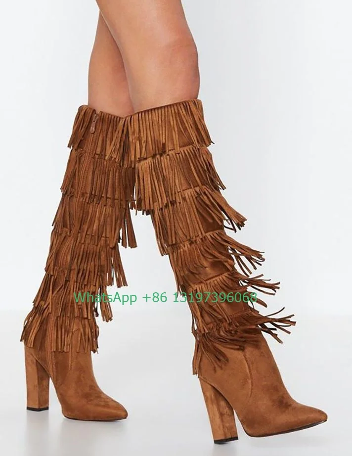 

Lady brown tassel design calf boots chunky square heels boots daily summer fall party shoes side zip dress banquet footwear 43