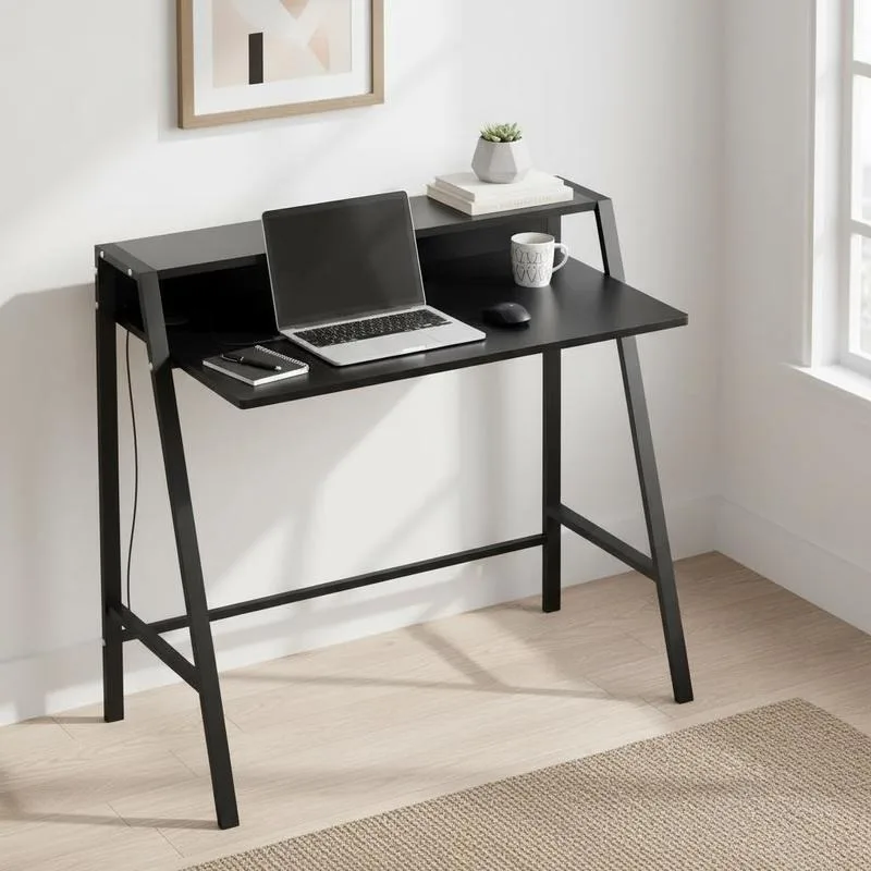 Petit bureau d'ordinateur moderne en métal noir avec gestion des câbles et rangement, 84x45x85cm, idéal pour la maison, la chambre, le dortoir, l'appartement, cadeau pour les étudiants, les télétravailleurs, diplômés, été